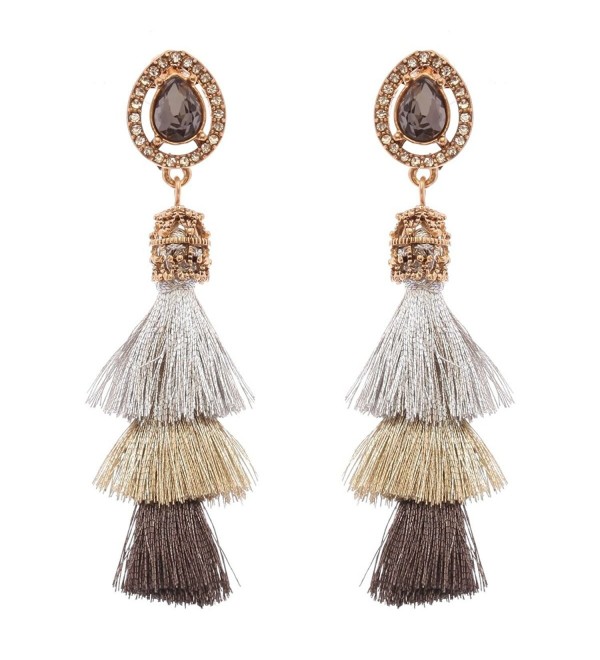 Women's Victorian Style Teardrop Stone 3 Layered Tassel Dangle Pierced Earrings - Silver-Tone Mix - C5186SEA90U