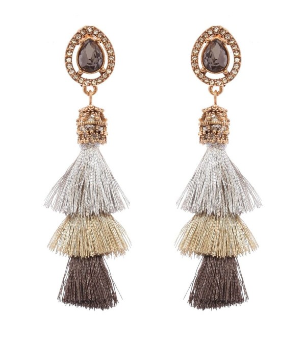 Women's Victorian Style Teardrop Stone 3 Layered Tassel Dangle Pierced Earrings - Silver-Tone Mix - C5186SEA90U