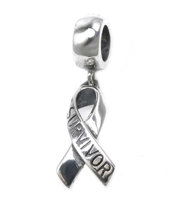 Sterling Silver Breast Cancer Awareness Survivor Ribbon Dangle European-style Bead Charm - CU11C4EZO49