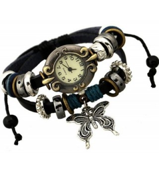 Retro Style Butterfly Charm Leather Multistrand Wrist Watch Bracelet - CE11Y25Z05L