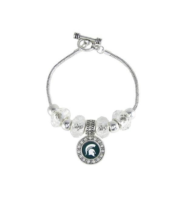 Michigan State Spartans Slider Clear Glass Bead Silver Toggle Bracelet Jewelry - C912468Z8E1