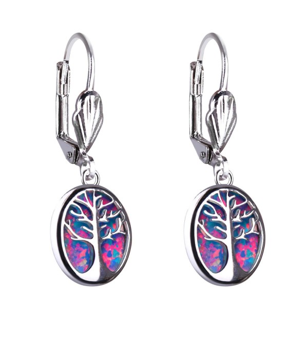 Kelitch Jewelry Created-Opal Tree of Life Earrings- Sterling-Silver Lever Back Oval Drop Earrings - Rose Red - CY18909XD3Q
