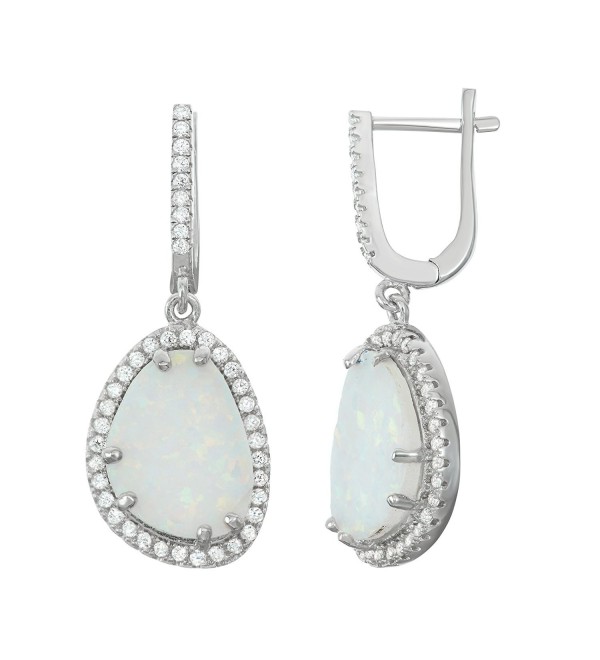 Sterling Silver Created White Opal & CZ Oval Dangle Earrings - CG129JYY343