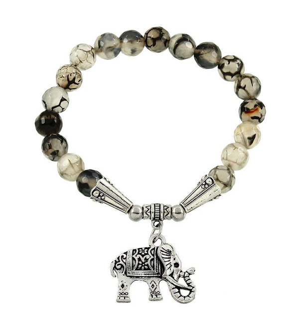 Falari Elephant Lucky Charm Natural Stone Bracelet Black & White Dragon Agate B2448-BW - CL124HGMGQP