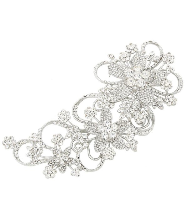 EVER FAITH Bridal 6.5 Inch Teardrop Floral Petal Brooch Clear Austrian Crystal Silver-Tone - CM11JN4ZUT7