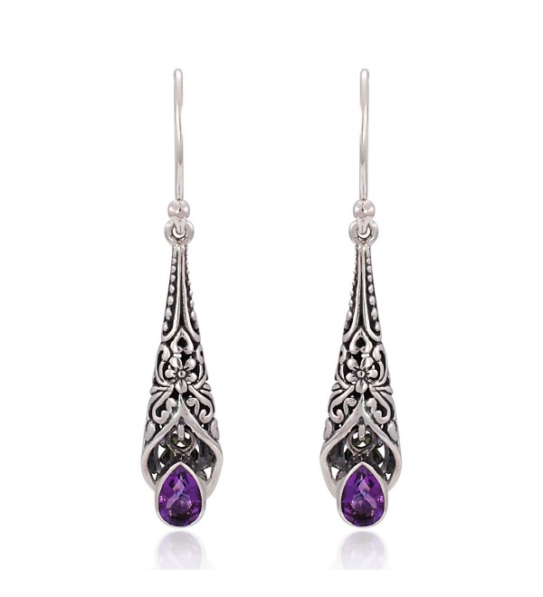 925 Sterling Silver Bali Detailed Filigree Genuine Purple Amethyst Stone Dangle Earrings - CK126GZ6S0Z