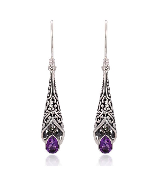 925 Sterling Silver Bali Detailed Filigree Genuine Purple Amethyst Stone Dangle Earrings - CK126GZ6S0Z