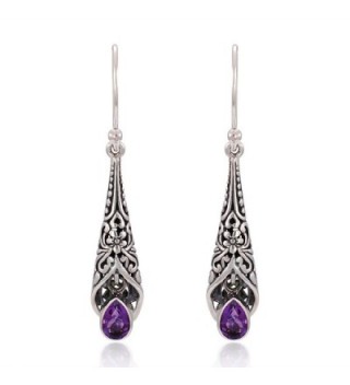 925 Sterling Silver Bali Detailed Filigree Genuine Purple Amethyst Stone Dangle Earrings - CK126GZ6S0Z