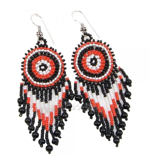 CORAL BLACK WHITE SEED BEADS ROUND EARRINGS - E-16-SB-54 - C812LUJHDRJ