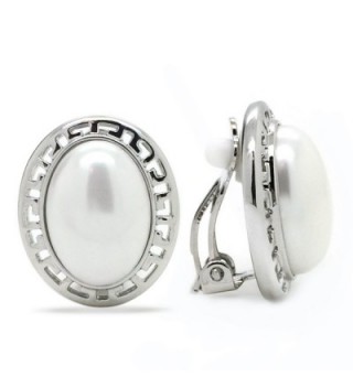 Simulated Pearl Clip On Earrings Greek Key Oval Rhodium Plated Women Fashion - CH11NF2QXDZ