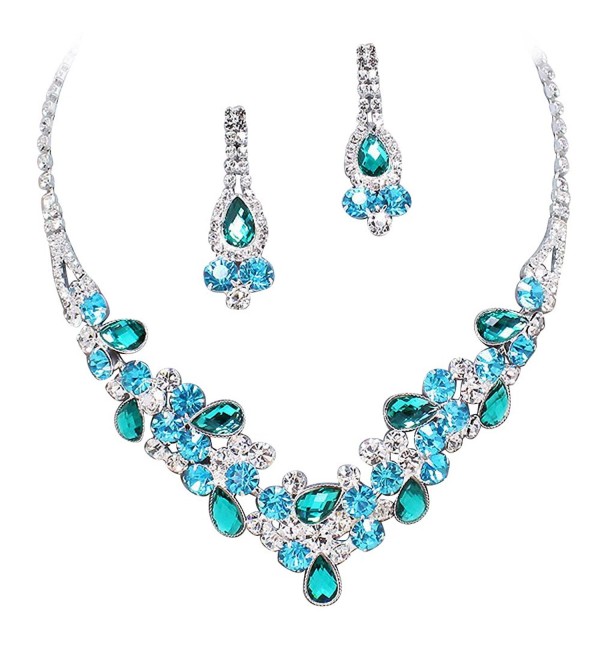 Elegant Multi Turquoise Green & Sky Blue V-Shaped Garland Prom Bridesmaid Necklace Set K4 - CS11P9GEFJJ