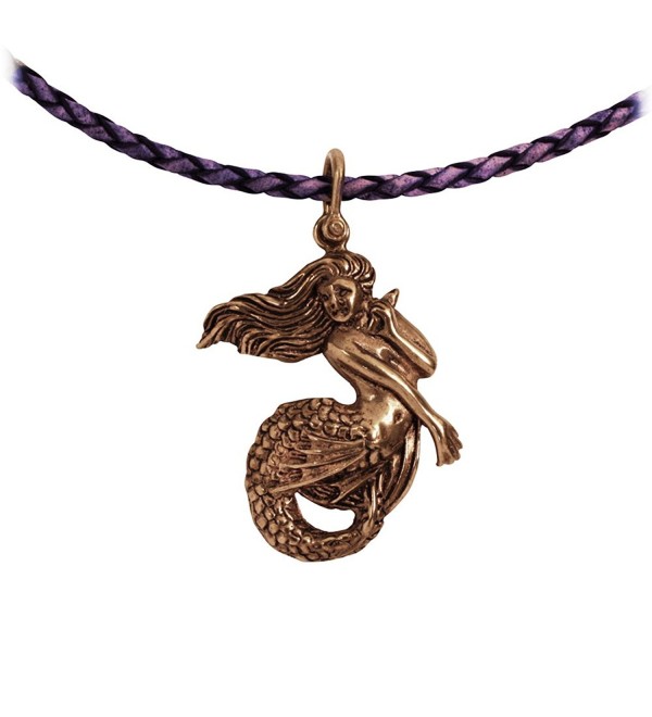 Mermaid Pendant Crafted in Marine Grade Bronze on an 18 Inch Braided Blue Leather Necklace - CB11DBYON6V