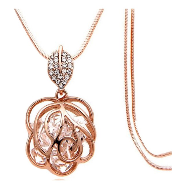 Z-Jeris Fashion Rhinestone Crystal Stuffing Hollow Flower Pendant Long Chain Necklace - Rose Gold - CG12JN1JMEN