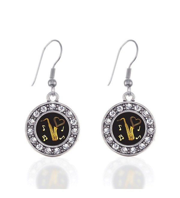 Saxophone Circle Charm Earrings French Hook Clear Crystal Rhinestones - CI124BUVST3