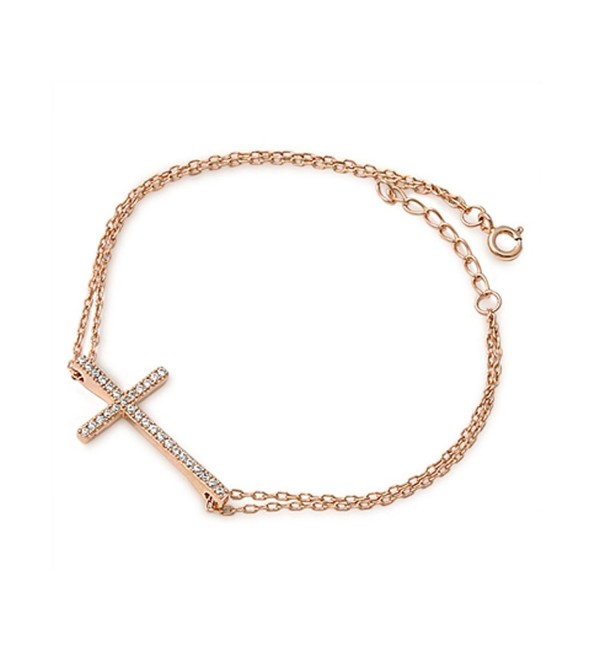 Rose Gold Plated Sideways Cz Cross .925 Sterling Silver Bracelet - CU1297ENHJH