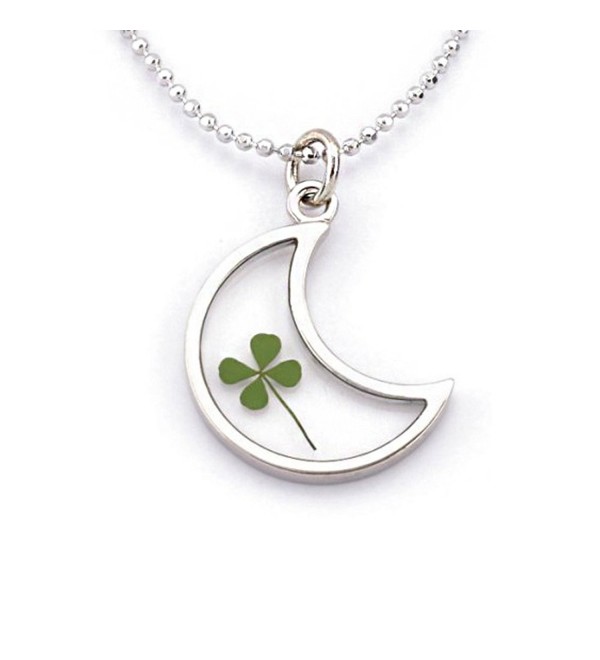 Stainless Steel Real Four Leaf Clover Good Luck Clear Half Moon Pendant Necklace- 16-18 inches - CR11OVBLYZL