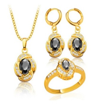 Vintage Black Crystal Necklace Earrings Ring 18K Gold Plated Jewelry Sets S20056 - CS12FSOCM6J