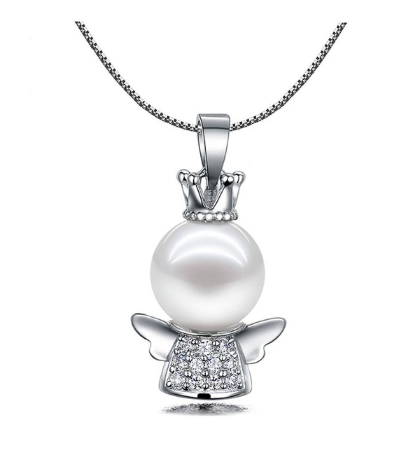 LOCHING Cute Fashion Crown Wings Little Angel Inlaid Zircon and Pearl Pendant 925 Silver Pendant Necklace - CU182YN6G6N