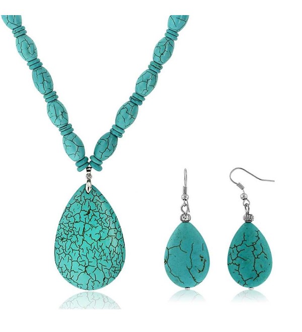 22"Blue Simulated Turquoise Howlite Necklace w/ Drop Shape Pendant & Earring Set - C011F4AUAL5