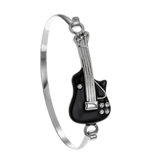 PammyJ Silvertone Black Enamel Electric Guitar Music Bangle Bracelet - C41217QT1Q1