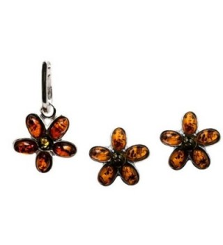 Sterling Silver Multicolor Amber Flower Jewelry Set Earrings and Pendant - CW110I5TH7L