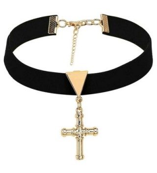 AnaZoz Jewelry Women's Velvet Choker Neckless Big Cross Pendant- Black Gold Satin Ribbon Necklaces - CN12O5EKEY6