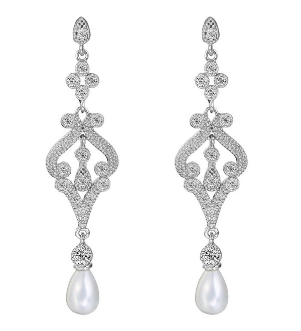 EVER FAITH Silver-Tone Pave CZ Cream Simulated Pearl Vintage Style Chandelier Dangle Earrings Clear - C5128M0EA79