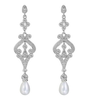 EVER FAITH Silver-Tone Pave CZ Cream Simulated Pearl Vintage Style Chandelier Dangle Earrings Clear - C5128M0EA79