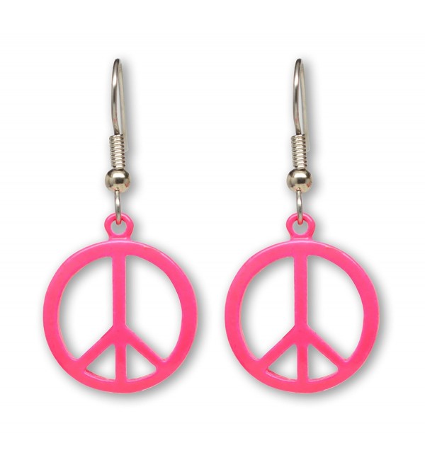 Neon Hot Pink Hippie Peace Sign Dangle Earrings - CZ11HODT261