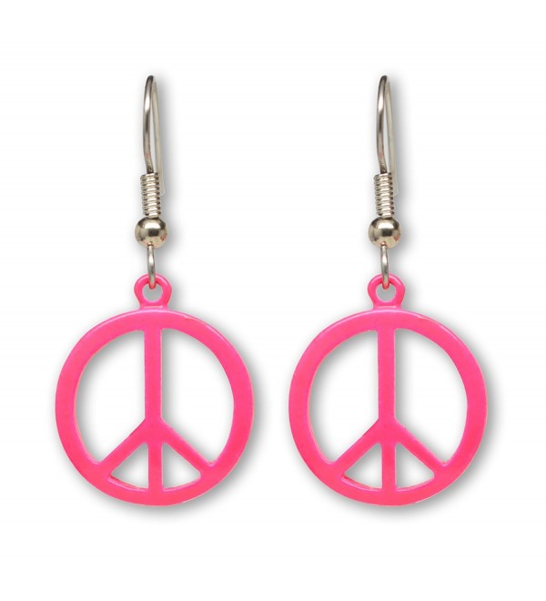 Neon Hot Pink Hippie Peace Sign Dangle Earrings - CZ11HODT261