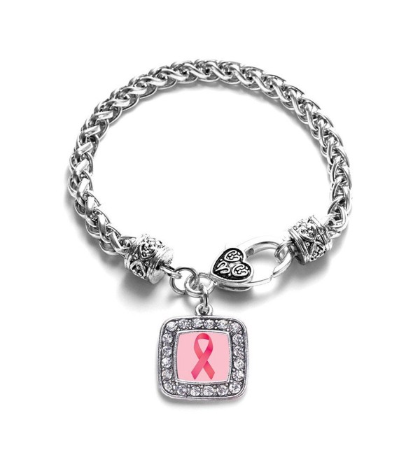 Breast Cancer Classic Silver Plated Square Crystal Charm Bracelet - C411KHJON4F