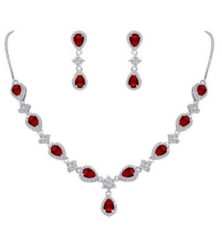 EleQueen Silver tone Zirconia Teardrop V Necklace - Ruby Color - Necklace Earrings Set - CA186XSWTAS