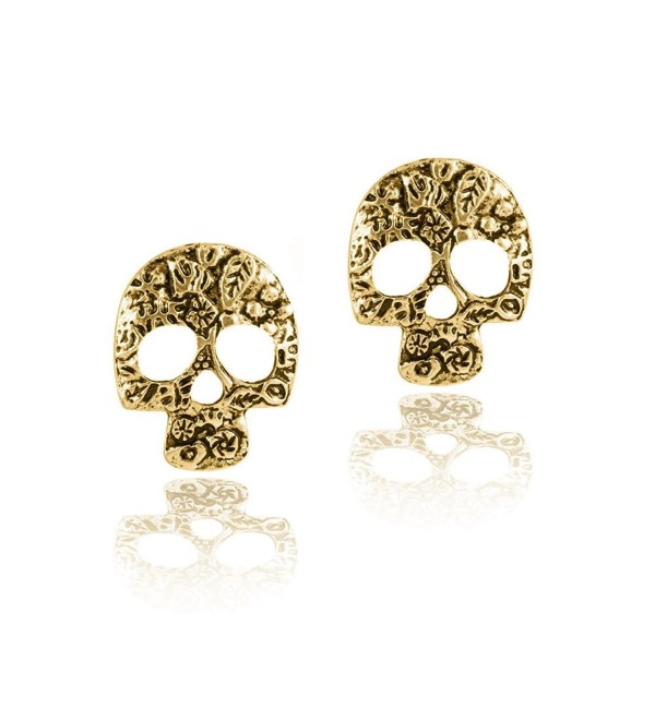 Antiqued Gold Floral Sugar Skull Post Earrings [D&iacutea de los Muertos] - CY182L5Z8SO