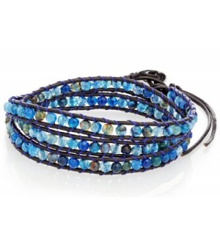 Blue Bead Wrap Bracelet with Black Genuine Leather Cord & Button Clasp- By Regetta Jewelry - C5128SYBMKD
