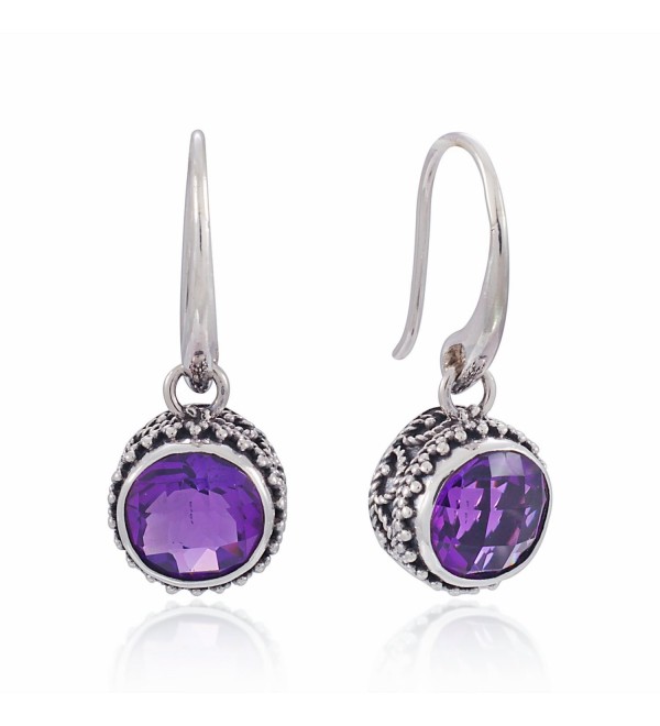 925 Sterling Silver Bali Vintage Round Purple Amethyst Dangle Earrings - Nickle Free - CV126GZ6GD9