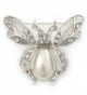Vintage Inspired Crystal- Simulated Pearl 'Bumble Bee' Brooch In Silver Plating - 60mm Across - C011F4I7Y31