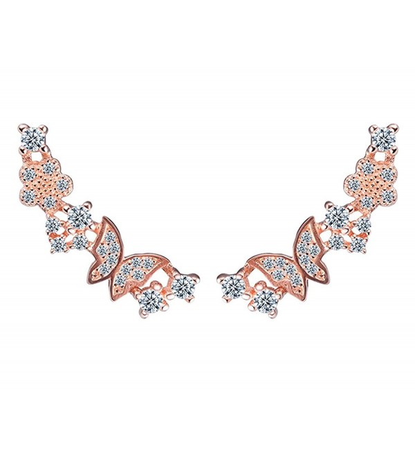 Sterling Silver Cubic Zirconia Shining Butterfly Diamond Stud Ear Cuffs Earrings for Girls Women - Rose Gold - C417YM2EOU3
