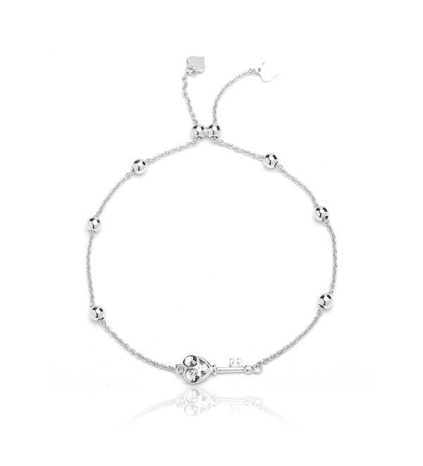 Sterling Silver Adjustable Bracelet with Heart Key and Beads- for Women and Girls- 9 Inch - CT12MXYI7PD