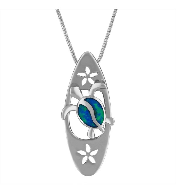 Sterling Silver Synthetic Blue Opal Turtle Surfboard Pendant Necklace- 16+2" Extender - C212I5HAXJN