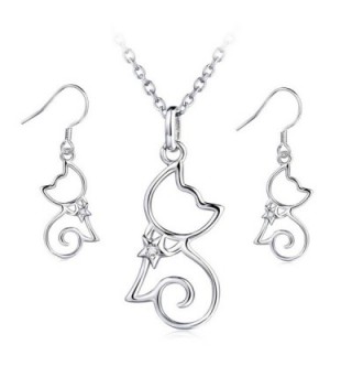 YFN Sterling Silver CZ Open Little Cat Dangle Earrings Pendant Necklace 18" - CB12NTISBGI