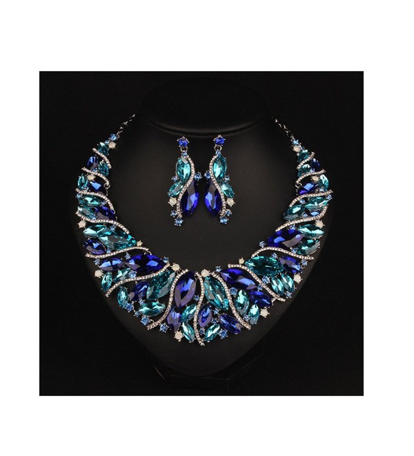 Hamer Bridal Costume jewelry Crystal Choker Pendant Bib Statement Charm Necklace and Earrings Sets - Blue - CN12NYIGCMF