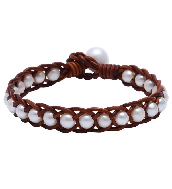 Hand Braided White Freshwater Cultured Pearl Bead Bracelet with Genuine ...