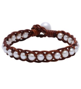 Hand Braided White Freshwater Cultured Pearl Bead Bracelet with Genuine Leather Cord 7.8" - Light Brown - CF12FVPVLZD
