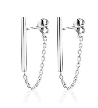 925 Sterling Silver Single Vertical Bar Post & Dangle Chain Backing Stud Earrings - CJ12N7X3FSP