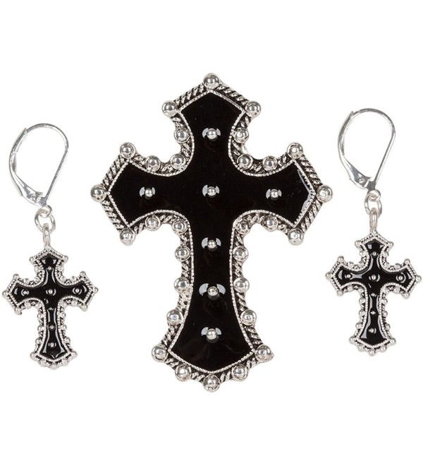 Heirloom Finds Black Enamel Silvertone Goth Cross Brooch Pendant Earring Set - C811F4Z7SFN