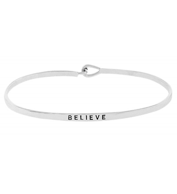 Inspirational "BELIEVE" Silver Tone Positive Message Engraved Thin Brass Bangle Hook Bracelet - CE12NTLFCK8