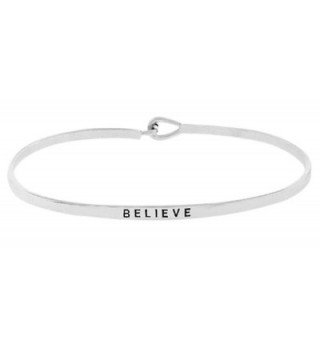Inspirational "BELIEVE" Silver Tone Positive Message Engraved Thin Brass Bangle Hook Bracelet - CE12NTLFCK8
