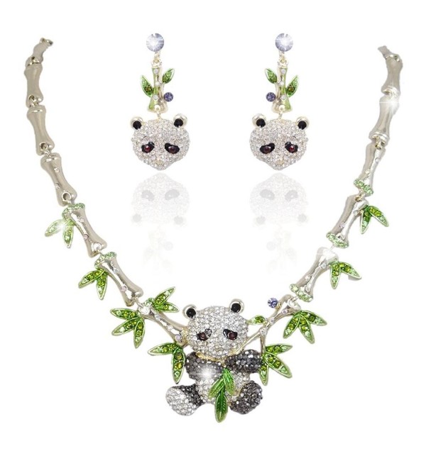 EVER FAITH Gold-Tone Panda Bamboo Necklace Earrings Set Clear w/ Green Austrian Crystal - CN11BGDLZBZ