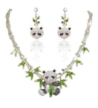 EVER FAITH Gold-Tone Panda Bamboo Necklace Earrings Set Clear w/ Green Austrian Crystal - CN11BGDLZBZ