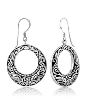 925 Sterling Silver Bali Inspired Flora Design Open Filigree Round Hoop Dangle Earrings - CS11W4IWWVN